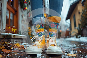 A pedestrian with colorful socks and yellow sneakers on wet city asphalt