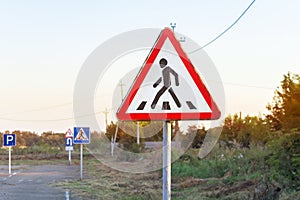 Pedestrian crossing alert traffic sign, various road signs, driving school training ground