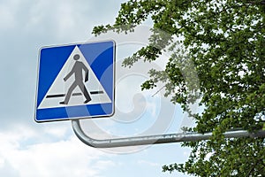 Pedestrian crossing road sign and tree branches against the sky