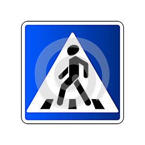 Pedestrian crossing sign. Traffic road blue sign isolated on white background. Warning people street safety icon