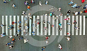 Pedestrian crossing top view. Crosswalk aerial from drone.