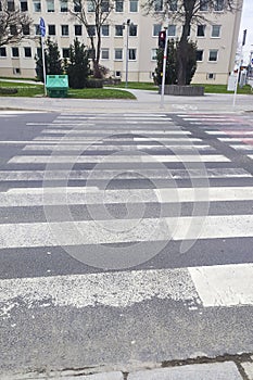 pedestrian crossing, white stripes on black asphalt, road markings zebra crossin