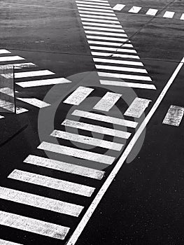 Pedestrian Crosswalk on Asphalt Street, Black and White