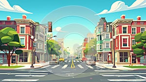 Pedestrian crosswalk and traffic light on city street with old houses and retro buildings. Modern cartoon illustration