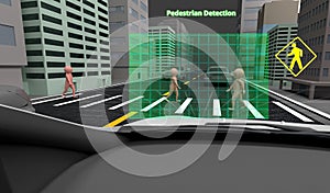 Pedestrian Detection technology, Autonomous self-driving car with Lidar, Radar and wireless signal, 3d rendering photo