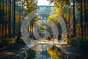 a pedestrian friendly urban square with plenty of greenery, people sitting near a small pond, modern buildings reflecting in the photo