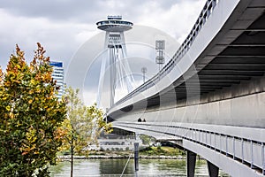 Pedestrian gallery on the bridge over the Danube river in Bratislava, Slovakia