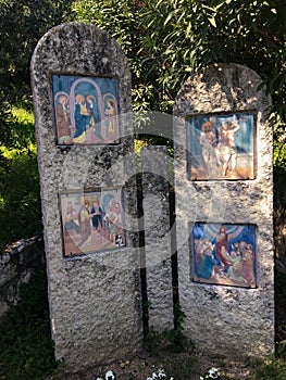 Pedestrian path with via crucis of the sanctuary of Madonna di Lourdes Verona Italy.