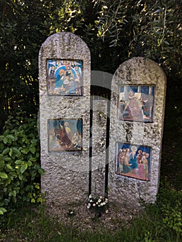 Pedestrian path with via crucis of the sanctuary of Madonna di Lourdes Verona Italy.