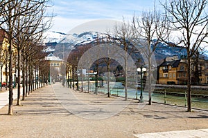 Pedestrian promenade next to the river Traun. Bad Ischl