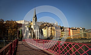 Pedestrian red passerelle St-Georges in Lyon