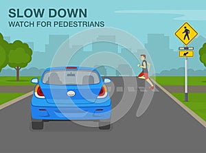 Male character running on crosswalk. Slow down and watch for pedestrians, they have right of way over vehicles on crosswalk.