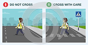 Pedestrian safety rule. Cross only at designated crosswalks. School kid is crossing street on zebra crossing.