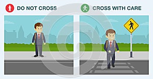 Pedestrian safety rule. Cross only at designated crosswalks. School kid is crossing street on zebra crossing.