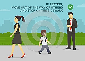 Young male character uses mobile phone on pedestrian road. If texting, move out of the way of others and stop on the sidewalk.