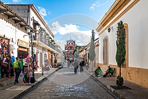 Pedestrian street and Del Carmen Arch Tower Arco Torre del Carmen - San Cristobal de las Casas, Chiapas, Mexico