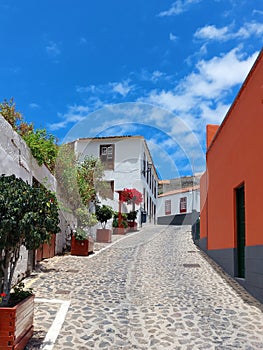 Pedestrian street with flower pots in rural town. Architecture and urban furniture. Urban Planning and Constructions