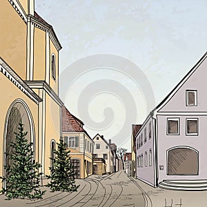 Pedestrian street in old town. Sketch perspective.