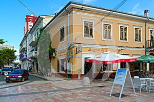 Pedestrian street Rruga Kole Idromeno, jewelry store Argjendari souvenire Gjonaj, Shkoder, Albania