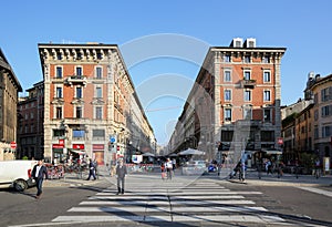 Pedestrian street Via Dante with buildings of 19th century as viewed from Largo Cairoli square. Milan, Italy