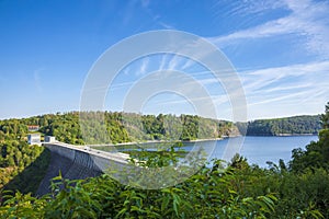 Pedestrian suspension bridge above Rappbodetalsperre lake and Rappbode River in Harz Mountains National Park, Germany