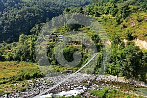 Pedestrian suspension bridge across the river to connect villages in Nepal