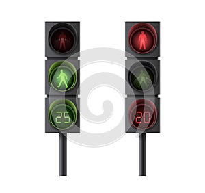 Pedestrian traffic lights with red and green light and timing for movement regulation