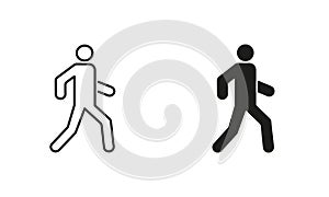 Pedestrian Walk on Street. Person Run Line and Silhouette Black Icon Set. Man Walking Pictogram. Human on Road Outline