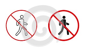 Pedestrian Walking Not Allowed Road Sign. No Entrance for the Man Circle Symbol Set. Prohibit Traffic Red Sign. No