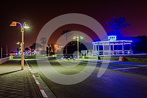 Pedestrian zone near the Mediterranean sea at night in city of Nahariya, Israel.