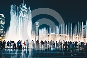 Pedestrians at Dubai Fountain at night Dubai - UAE