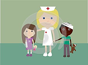 Pediatric nurse and 2 injured children photo