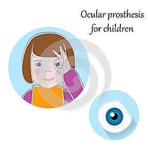 Pediatric Ocular Prostheses illustration. Prosthetic, artificial eyes for children, girl with fingers around eye