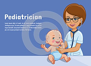 Pediatrician and baby cartoon illustration of pediatrics medicine for newborn medical flat design