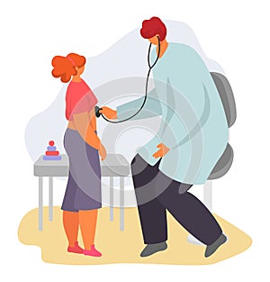 Pediatrician child doctor vector illustration, cartoon mother with sick kid, children characters on medical examination