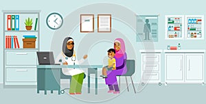 Pediatrician doctor concept. Young muslim woman practitioner and happy family with mother and kid in flat style.