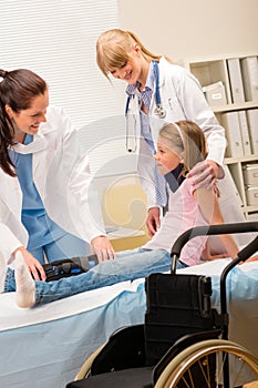 Pediatrician examining girl broken leg