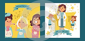 Pediatrician female doctor with ill children set of posters, cards vector illustration. Otorhinolaringologist physician photo