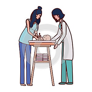 Pediatrician female doctor with mom and baby in changer