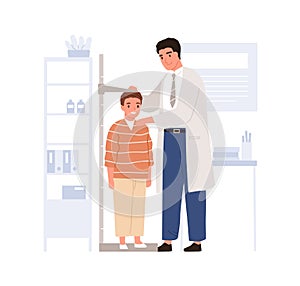 Pediatrician measuring kids height with stadiometer in pediatric doctor office. Child visiting physician in hospital photo