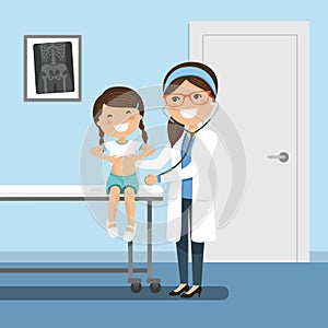Pediatrician woman doctor examining a happy little girl