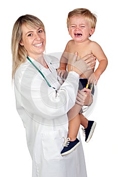 Pediatrician woman with a scared baby