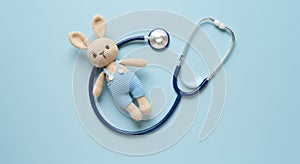 Pediatrics concept, Toy bunny with stethoscope on light blue background, top view 04