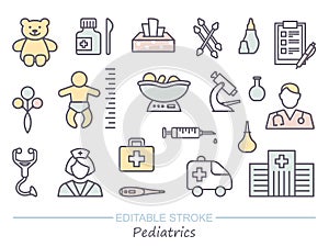 Pediatrics, medical care for children. Line icons with editable stroke