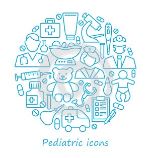 Pediatrics, medical care for children. Line icons in the form of a circle