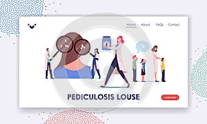 Pediculosis Landing Page Template. Tiny Doctor Characters Searching Lice on Huge Head. Pediatrician Check Up Children