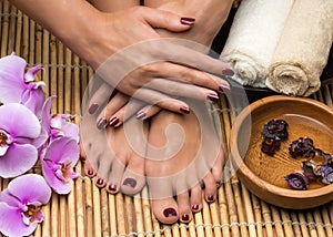 Pedicure and manicure in the salon spa