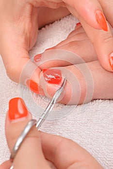 Pedicure process macro closeup