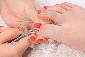 Pedicure process macro closeup