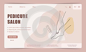 Pedicure service landing page template. Linear female hands. Beauty logo for manicure studio or spa salon. Vector